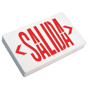 Compact LED Salida exit sign with dual voltage, optional battery backup, and thermoplastic housing