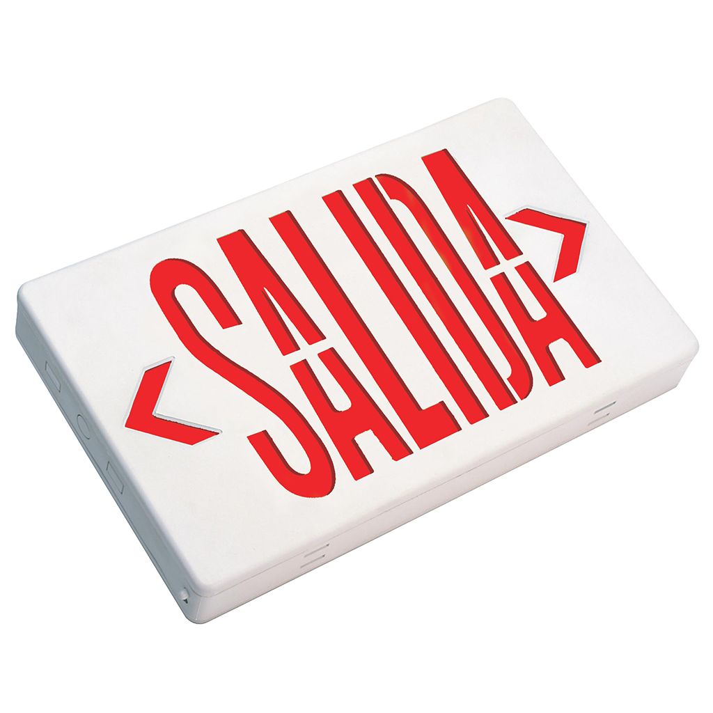 Compact LED Salida exit sign with dual voltage, optional battery backup, and thermoplastic housing