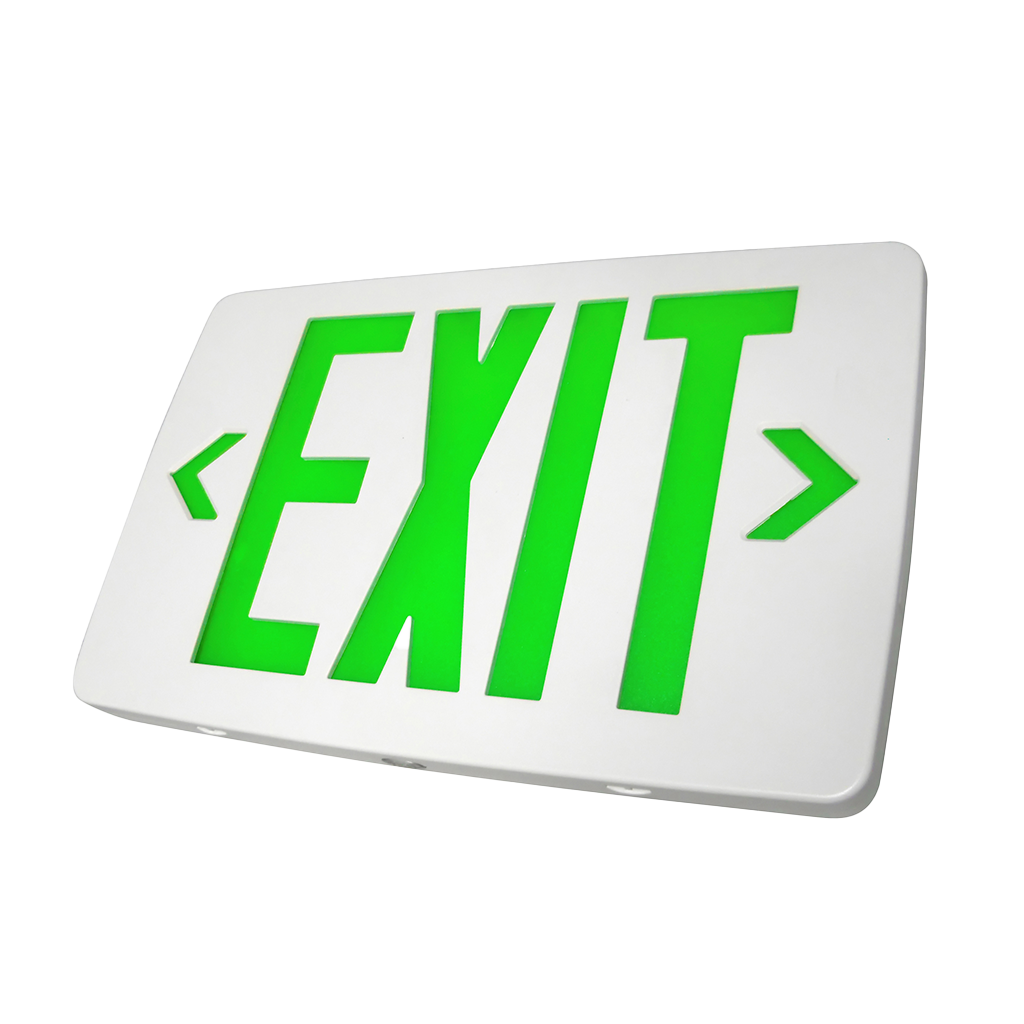 Compact thermoplastic LED exit sign with green illumination, dual voltage, battery backup, and self-diagnostics