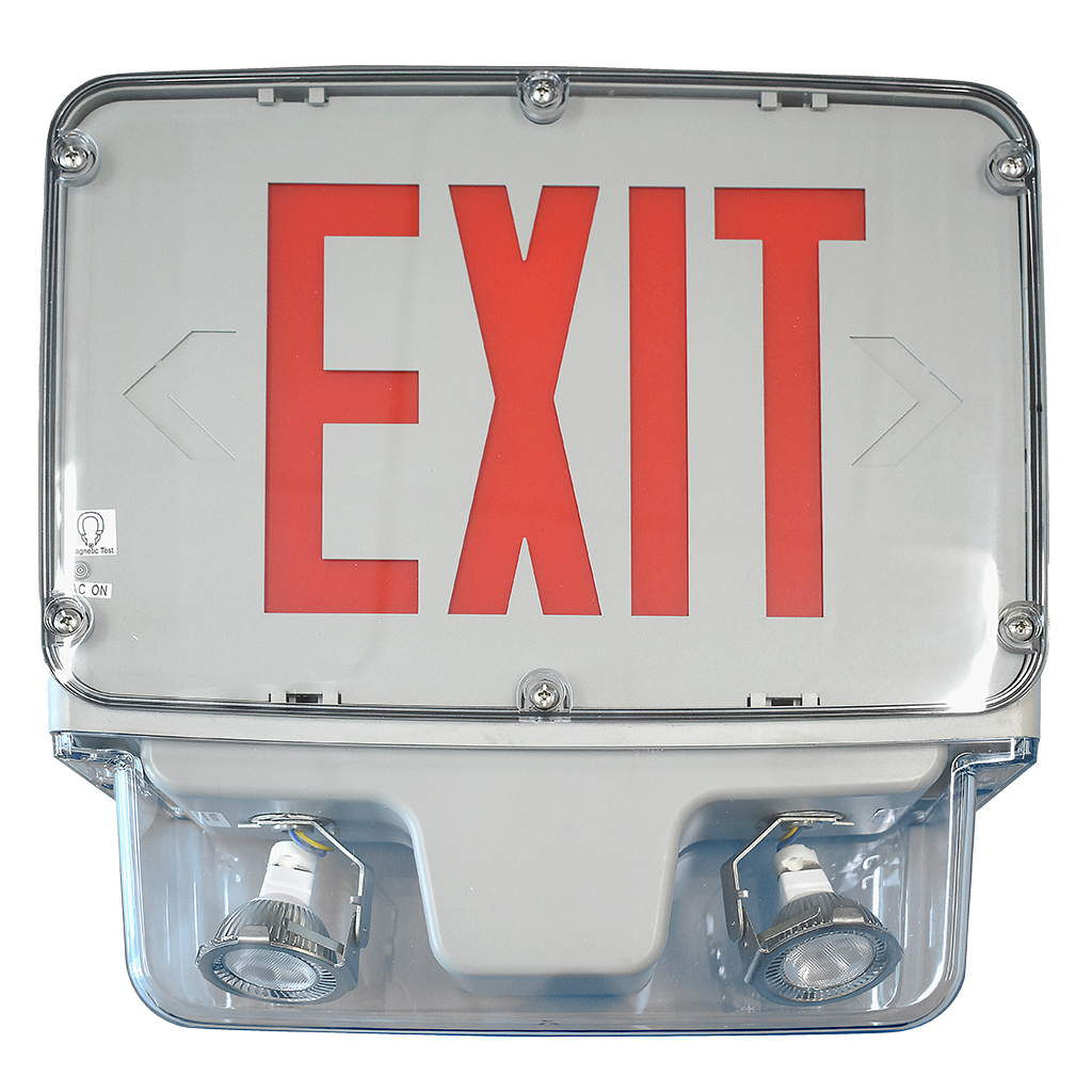 Rugged LED exit and emergency combo light with hazardous location rating, tamper-proof features, and cold weather capability