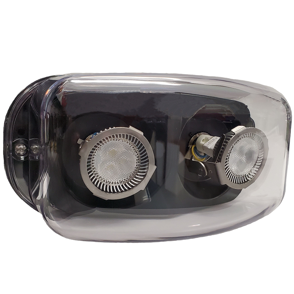 NEMA 4X rated LED remote head with adjustable MR-16 lamps, IP66 waterproof housing, and tamper-proof hardware