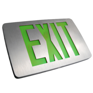 Thin-profile die-cast aluminum LED exit sign with red/green lettering, battery backup option, and directional indicators