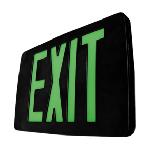 Thin-profile die-cast aluminum LED exit sign with red/green lettering, battery backup option, and directional indicators