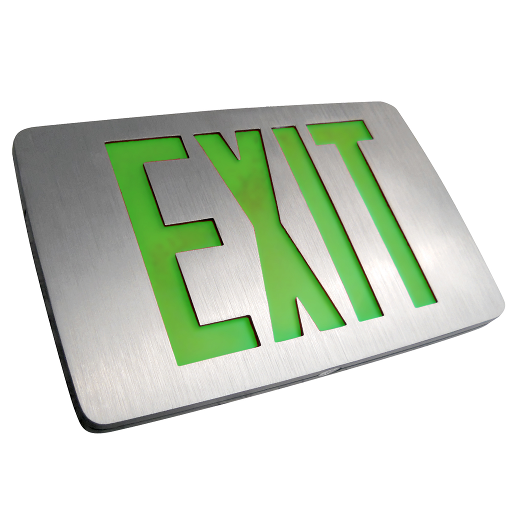 Thin-profile die-cast aluminum LED exit sign with red/green lettering, battery backup option, and directional indicators