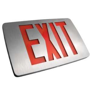 Thin-profile die-cast aluminum LED exit sign with red/green lettering, battery backup option, and directional indicators