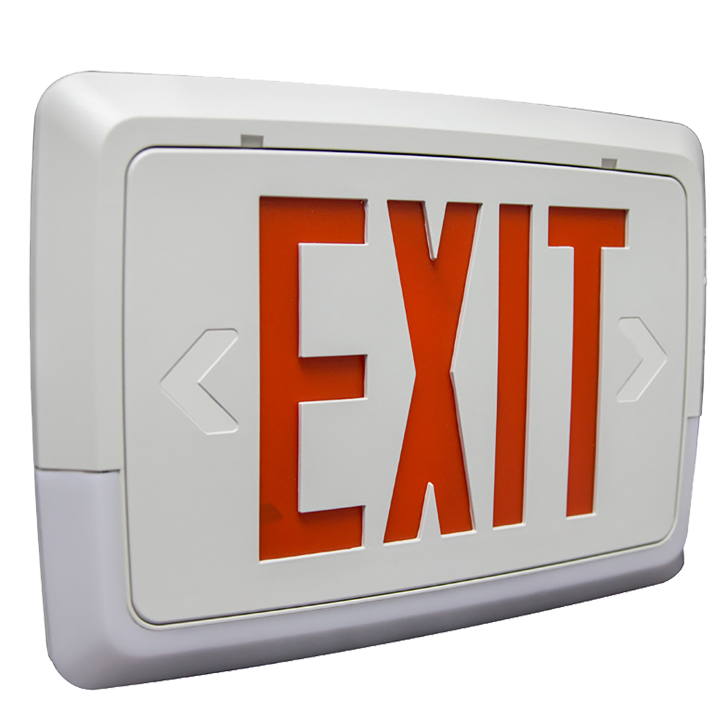 Low-level LED exit and emergency combo light with red/green exit sign, thermoplastic housing, and dual voltage compatibility