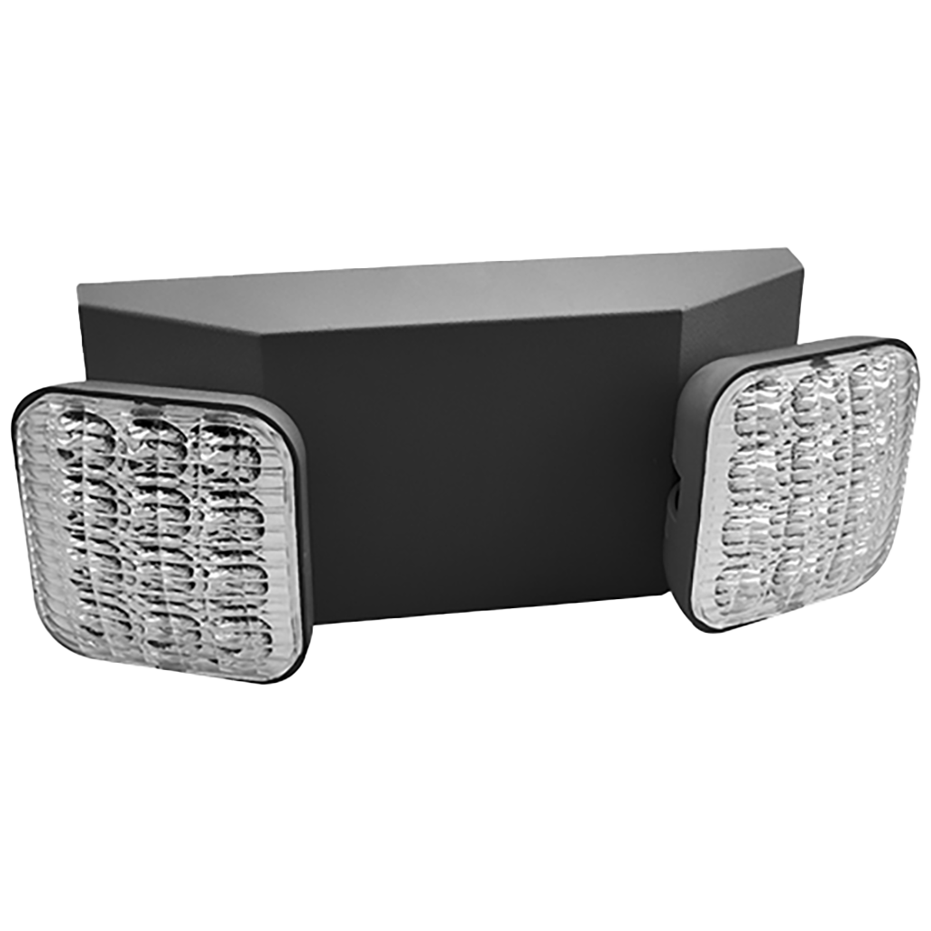 Compact LED emergency lighting unit with adjustable heads, dual voltage, high-lumen, and self-diagnostic options