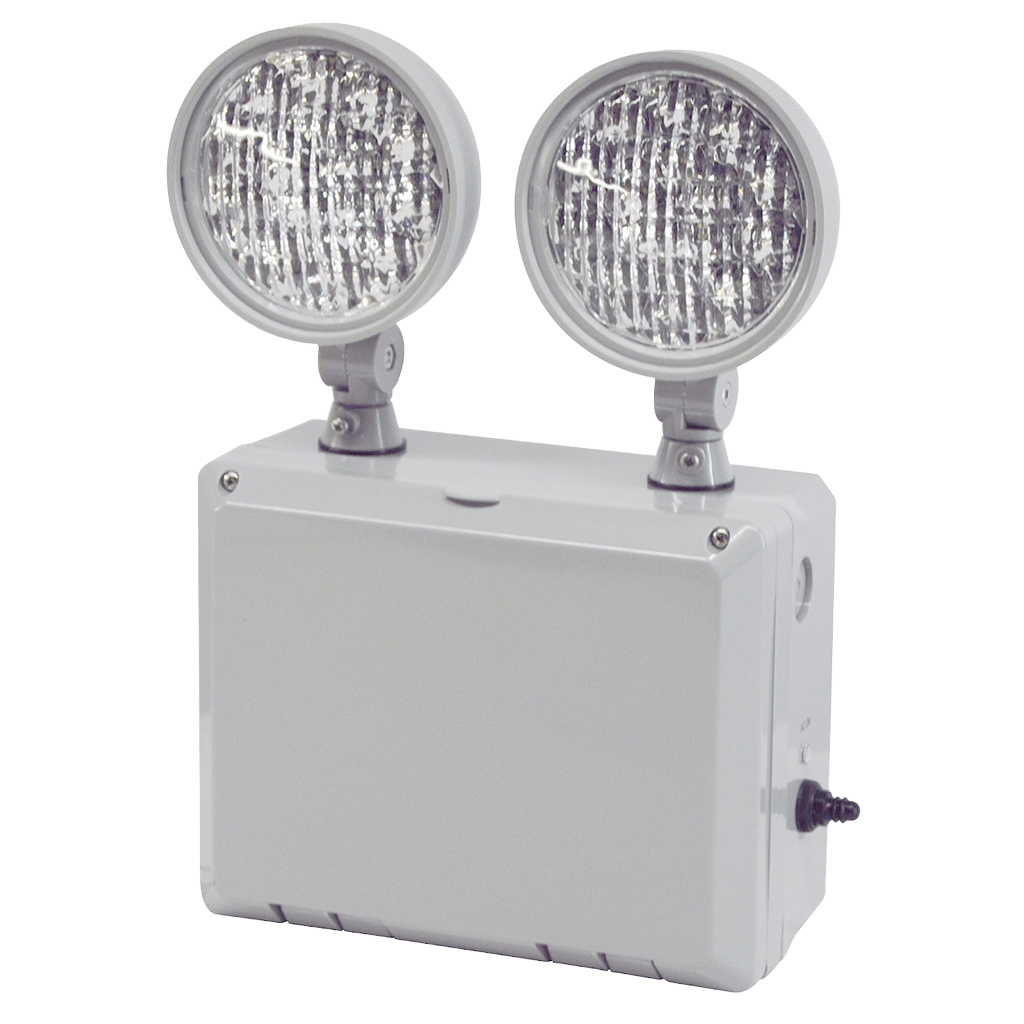 Wet-location LED emergency light with sealed lamp heads, remote capability, and weatherproof housing