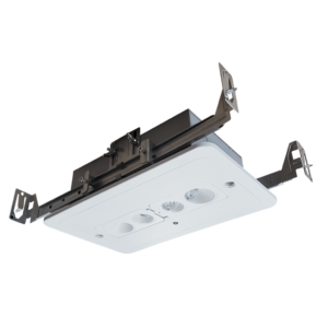 Recessed LED emergency light with adjustable heads, universal voltage, and flame-retardant thermoplastic housing