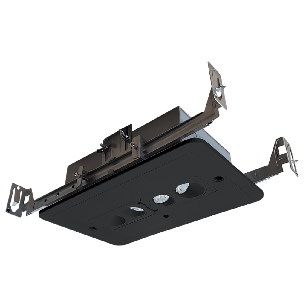 Recessed LED emergency light with adjustable heads, universal voltage, and flame-retardant thermoplastic housing