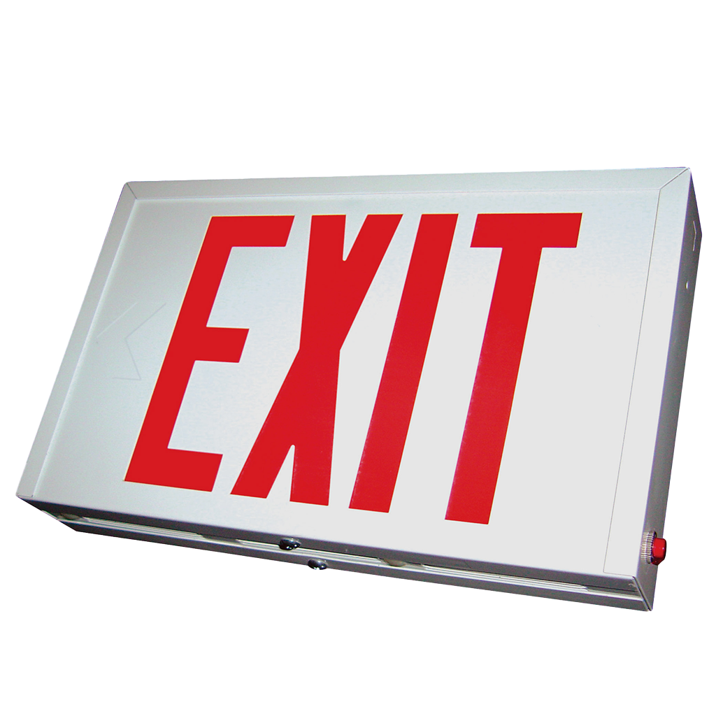 Steel LED exit sign with dual voltage, battery backup, and self-diagnostic feature