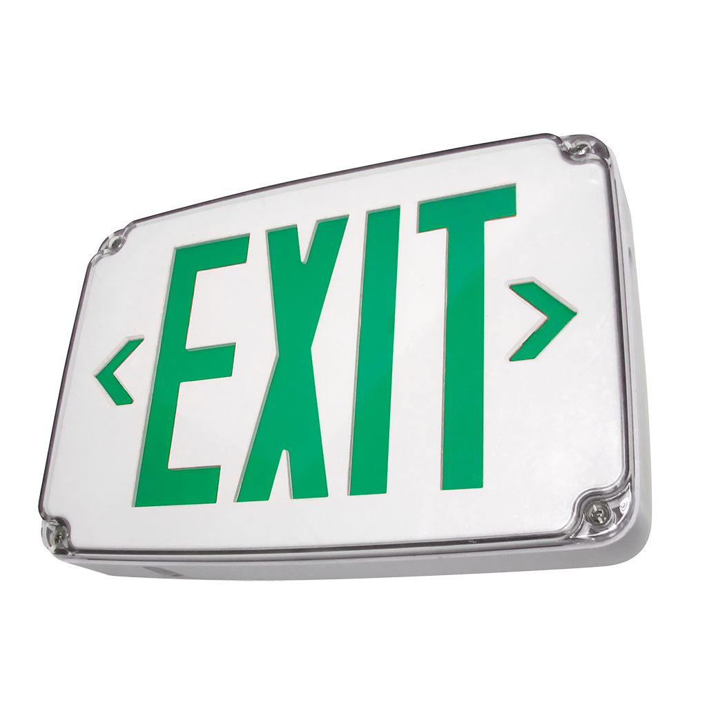 Compact wet-location LED exit sign with red/green illumination, cold weather battery backup, tamper-proof feature, and dual circuit option